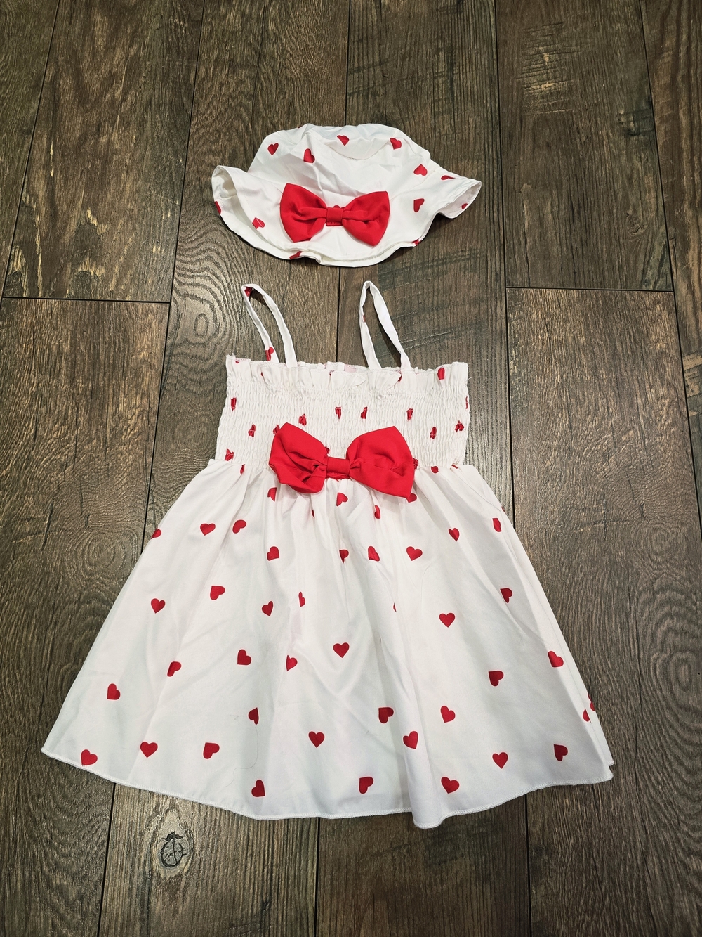 White Sundress & Hat Set with Red Hearts and Bow
